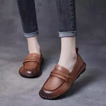 Johnature женская обувь на плоской подошве из натуральной кожи, новинка 2023 года, удобные лоферы ручной работы с круглым носком на мягкой подошве 35 коричневый