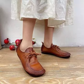 Johnature, женская обувь на плоской подошве из натуральной кожи, удобная обувь ручной работы с круглым носком и мягкой подошвой на шнуровке в стиле ретро 35 коричневый