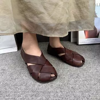 Johnature/женская обувь на плоской подошве из натуральной кожи в стиле ретро, лоферы без шнуровки ручной работы на мелкой мягкой подошве с круглым носком 35 бежевый