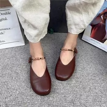 Johnature, женская обувь на плоской подошве из натуральной кожи в стиле ретро, лаконичные туфли ручной работы с круглым носком на мелкой подошве 35 абрикосовый