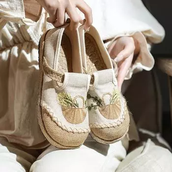 Johnature женская обувь на плоской подошве с вышивкой, удобная обувь без шнуровки ручной работы из хлопка и льна с круглым носком в стиле ретро 35 бежевый