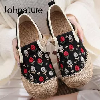 Johnature женская обувь на плоской подошве с вышивкой из хлопка и льна в стиле ретро с круглым носком и цветочным принтом, повседневная женская обувь ручной работы для отдыха, лаконичная женская обувь