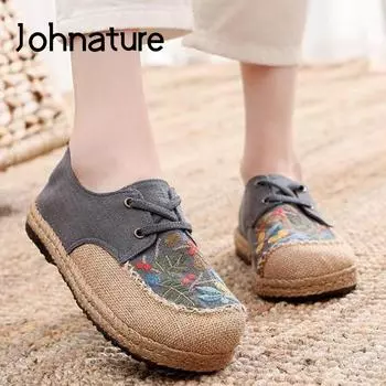 Johnature женская обувь на плоской подошве с вышивкой и круглым носком, хлопковая и льняная обувь в стиле ретро, лаконичная удобная женская обувь для отдыха в стиле ретро 35 бежевый