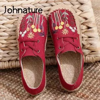 Johnature женская обувь на плоской подошве с вышивкой в стиле ретро, на шнуровке с круглым носком, из хлопка и льна, лаконичная удобная женская обувь ручной работы 35 бежевый