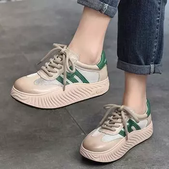 Johnature женская обувь на толстой подошве со шнуровкой, кроссовки из натуральной кожи с дышащей сеткой, повседневная удобная обувь на платформе 35 бежевый