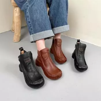 Johnature Женская обувь Ретро однотонные ботинки из натуральной кожи с шитьем на толстом каблуке и боковой молнией с круглым носком