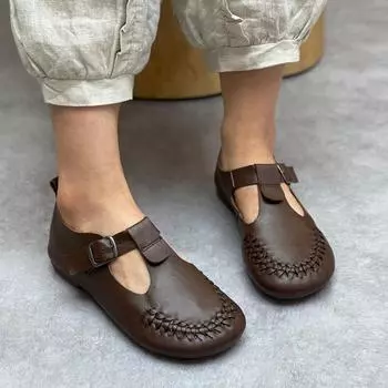 Johnature женская обувь ручной работы из натуральной кожи на плоской подошве, однотонная повседневная удобная обувь на мягкой подошве в стиле ретро с круглым носком 35 бежевый