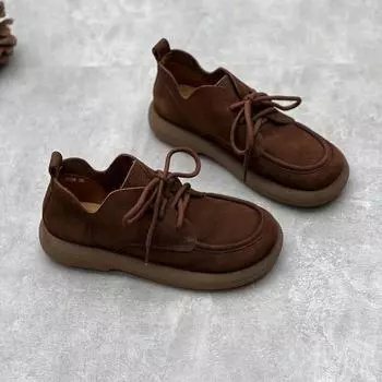 Johnature, женская обувь с круглым носком в стиле ретро, на шнуровке, из натуральной кожи, на мягкой подошве, однотонные туфли-лодочки из воловьей кожи для отдыха 35 коричневый