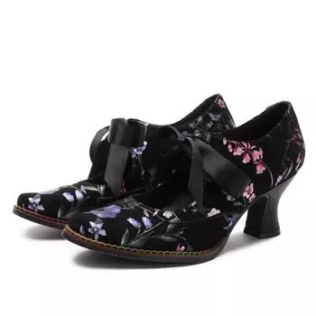 Johnature/женская обувь, туфли-лодочки, весенние туфли-лодочки в стиле ретро, женские туфли ручной работы на высоком каблуке с круглым носком, со шнуровкой и милым принтом 36 чёрный