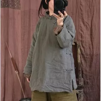 Johnature Женская одежда в китайском стиле с длинным рукавом и пуговицами, однотонная, весенняя, женская, винтажная One Size серый