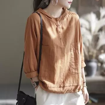 Johnature женская однотонная свободная рубашка с капюшоном и длинными рукавами в стиле ретро, простая свободная удобная блузка с карманом на пуговицах One Size белый