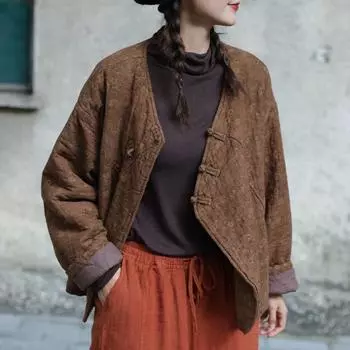 Johnature Женская Осенняя Китайская Стиль Винтаж Свободная Стеганая Одежда Повседневная V-образный вырез Длинные рукава Стеганая Одежда One Size