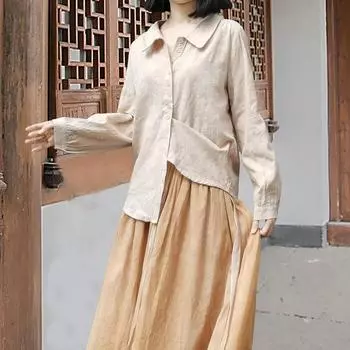 Johnature Женская осенняя мода в китайском стиле с длинными рукавами, повседневная однотонная рубашка с воротником Питер Пэн XL