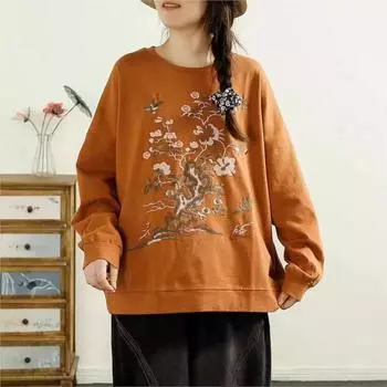 Johnature Женская осенняя мода в китайском стиле с круглым вырезом, однотонная вышитая футболка с длинными рукавами, винтажная свободная One Size зелёный