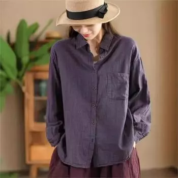 Johnature Женская осенняя модная винтажная повседневная рубашка с длинными рукавами и отложным воротником, однобортная свободная рубашка в стиле ретро L фиолетовый