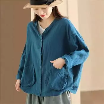 Johnature Женская осенняя однотонная повседневная свободная рубашка с длинными рукавами в стиле ретро, однобортная рубашка с круглым вырезом в винтажном стиле One Size армия зеленый