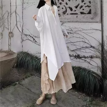 Johnature Женская осенняя однотонная винтажная рубашка с длинными рукавами в стиле ретро One Size