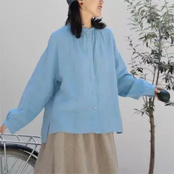Johnature Женская осенняя рубашка с длинными рукавами и круглым вырезом, однобортная, винтажная, модная, в китайском стиле S синий