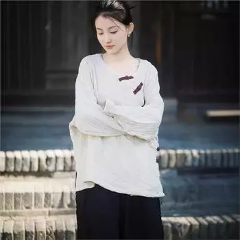 Johnature Женская осенняя рубашка с круглым вырезом в винтажном стиле, модная свободная однотонная рубашка в стиле ретро с длинными рукавами One Size