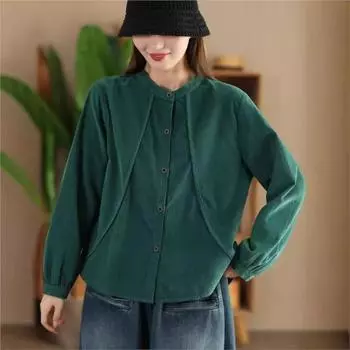Johnature Женская осенняя рубашка в китайском стиле с отложным воротником, однотонная вельветовая рубашка с длинными рукавами One Size хаки