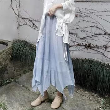 Johnature Женская Осенняя Сращивающаяся Нерегулярная Однотонная Юбка Ниша Китайский Стиль Винтаж Индивидуальные Юбки One Size синий