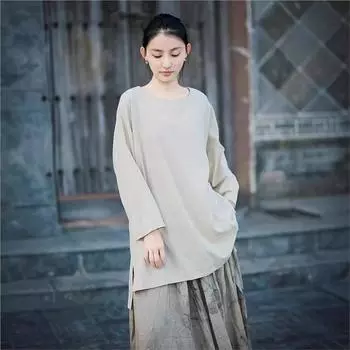 Johnature Женская осенняя свободная футболка Devise с длинными рукавами и круглым вырезом, однотонная свободная ретро-футболка One Size бежевый