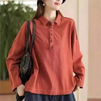 Johnature Женская осенняя свободная однотонная футболка с длинными рукавами в стиле ретро, повседневная винтажная футболка в китайском стиле One Size чёрный