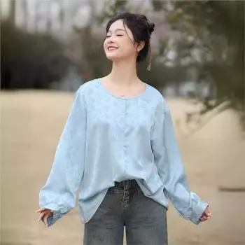 Johnature Женская осенняя жаккардовая рубашка с круглым вырезом, модная свободная рубашка с круглым вырезом, однобортная, с длинными рукавами, повседневная винтажная рубашка One Size синий