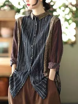 Johnature женская полосатая рубашка с принтом, винтажная рубашка с длинным рукавом и отложным воротником, весенняя повседневная свободная блузка