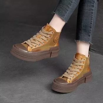 Johnature, женская повседневная обувь на плоской подошве из натуральной кожи, удобная обувь на платформе со шнуровкой и круглым носком на толстой подошве 35 чёрный