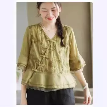 Johnature Женская рубашка осень пряжка китайский стиль V-образный вырез половина рукава свободная винтажная вышивка сращивание рубашка M
