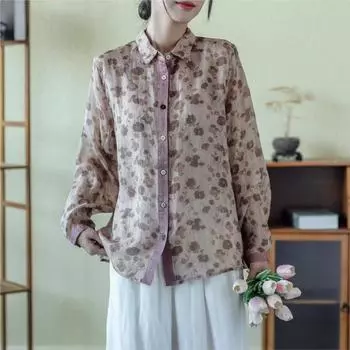 Johnature Женская рубашка с длинными рукавами и винтажным принтом, однобортная свободная рубашка на осень One Size