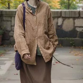 Johnature Женская рубашка с принтом в стиле ретро, осенняя, с длинными рукавами, однобортным воротником, повседневная рубашка One Size коричневый