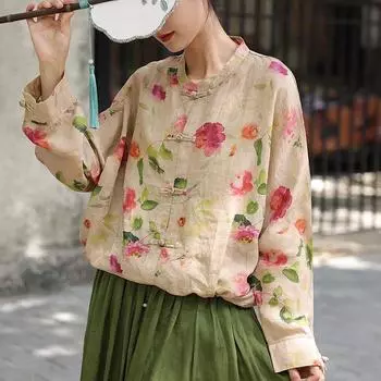 Johnature Женская рубашка с принтом в винтажном китайском стиле, свободная, с завязками на воротнике, повседневная рубашка One Size