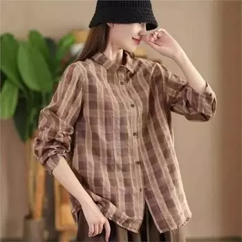 Johnature Женская рубашка в клетку с отложным воротником, однобортная, модная, повседневная, с длинными рукавами, свободная рубашка L зелёный