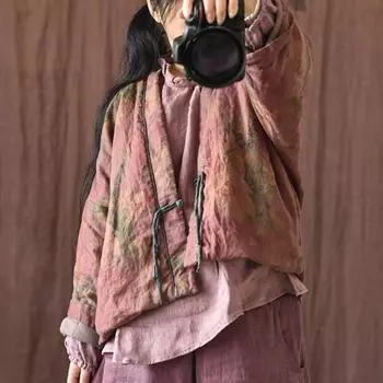 Johnature женская стеганая куртка с цветочным принтом и поясом, винтажные льняные пальто, осенние куртки с длинными рукавами и пуговицами в китайском стиле One Size зелёный