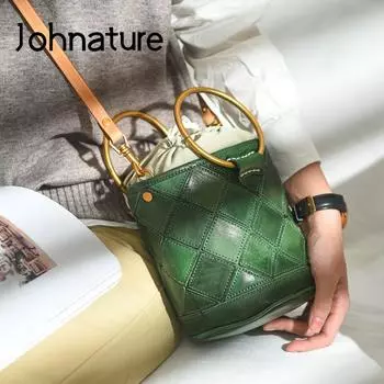 Johnature женская сумка из натуральной кожи, металлический браслет, сумка-ведро на шнурке, сумки на плечо из натуральной яловой кожи