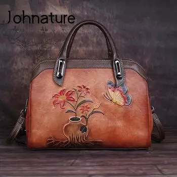 Johnature женская сумка из натуральной кожи с тиснением ручной работы, роскошная сумка в стиле ретро, большие вместительные сумки на плечо и через плечо черный серый