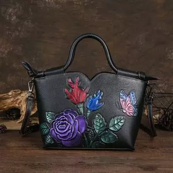 Johnature женская сумка из натуральной кожи с тиснением ручной работы, роскошные сумки в стиле ретро, сумки большой емкости на плечо и через плечо чёрный