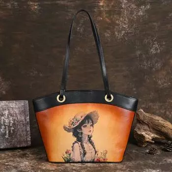 Johnature женская сумка из натуральной кожи с ручной росписью в стиле ретро, большая вместительная сумка, универсальные сумки на плечо чёрный