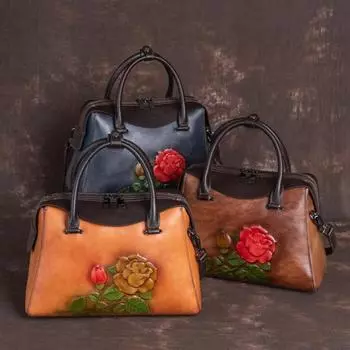 Johnature женская сумка из натуральной кожи в стиле ретро, ручная работа с тиснением, универсальные сумки на плечо большой вместимости с цветочным принтом черный серый