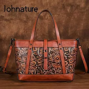 Johnature женская сумка из натуральной кожи ручной работы, винтажная сумка, большая вместительная сумка на плечо, повседневная сумка-тоут ручной работы коричневый