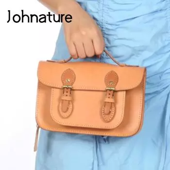 Johnature женская сумка из натуральной яловой кожи ручной работы, однотонные сумки на плечо из натуральной кожи, винтажная сумка Cambridge бежевый