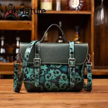 Johnature женская сумка-мессенджер из натуральной кожи, винтажная роскошная сумка из яловой кожи с тиснением, сумки на плечо большой вместимости