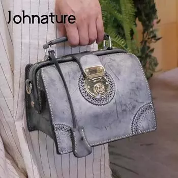 Johnature, женская сумка ручной работы в стиле ретро, первый слой из воловьей кожи, роскошная сумка из вощеной кожи, маленькие сумки на плечо с застежкой