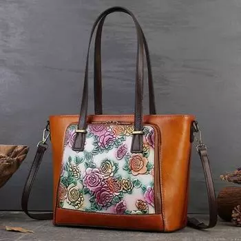 Johnature женская сумка-тоут из натуральной кожи большой вместимости, сумки на плечо из воловьей кожи в стиле ретро с ручным тиснением и расцветкой коричневый