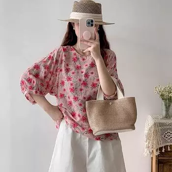 Johnature Женская весенняя футболка с круглым вырезом и винтажным цветочным принтом, с половиной рукавом, свободная модная футболка в китайском стиле One Size розовый