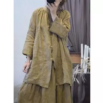 Johnature Женская весенняя модная индивидуальная рубашка Нишевая однотонная однобортная рубашка One Size жёлтый