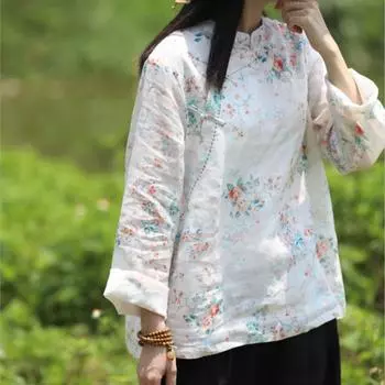 Johnature Женская весенняя модная рубашка с принтом в стиле ретро и пряжкой в китайском стиле, повседневная рубашка с длинными рукавами в винтажном стиле M