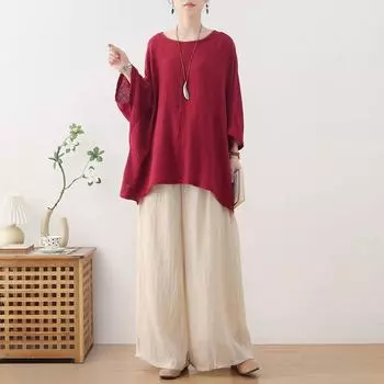 Johnature Женская весенняя модная свободная футболка, однотонная винтажная нишевая футболка с круглым вырезом One Size фиолетовый